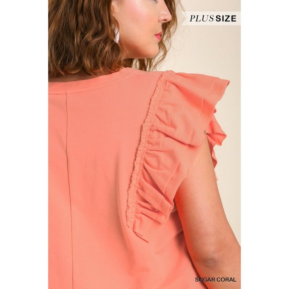 Umgee New Top XL Sugar Coral Round Neck French Terry Double Ruffle Sleeve - Picture 5 of 11